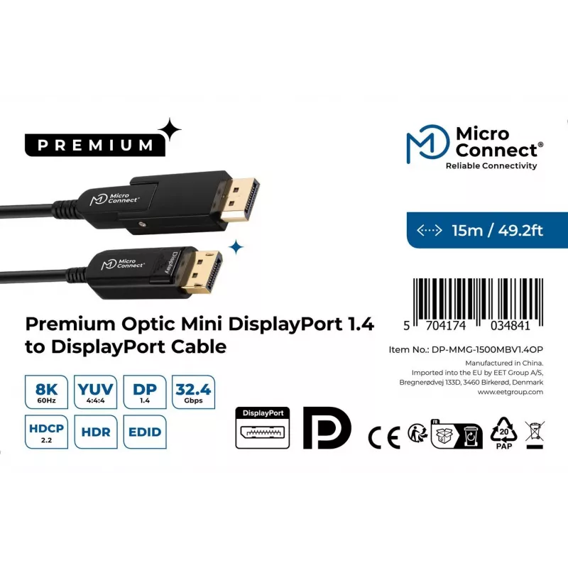 Cabo DisplayPort Microconnect DP-MMG-1500MBV1.4OP 15 m preto