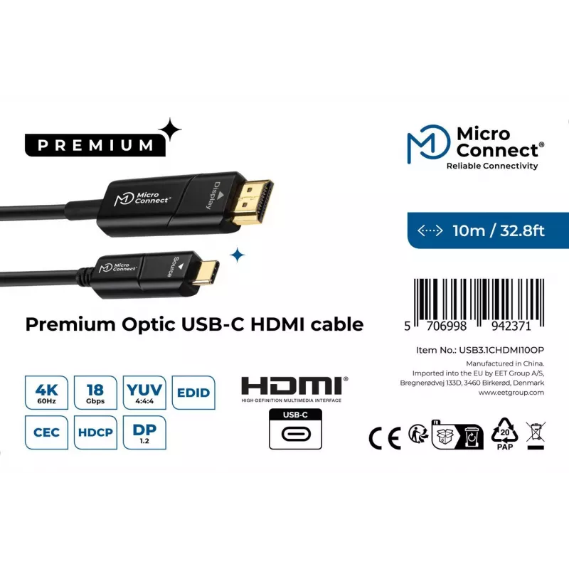 Adaptador de cabo de vídeo Microconnect USB3.1CHDMI10OP 10 m USB Type-C HDMI preto