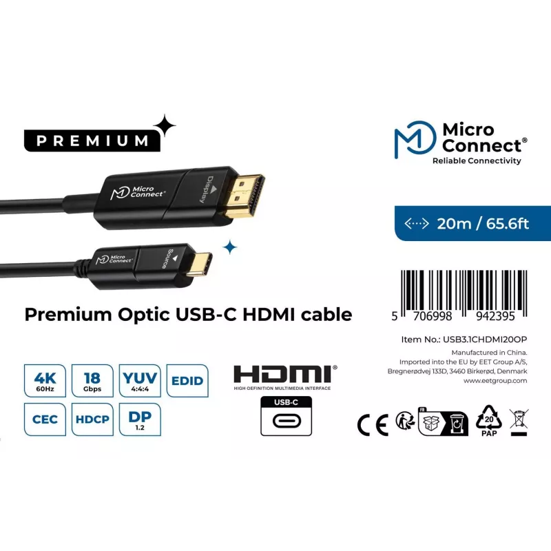 Adaptador de cabo de vídeo Microconnect USB3.1CHDMI20OP 20 m USB Type-C HDMI preto