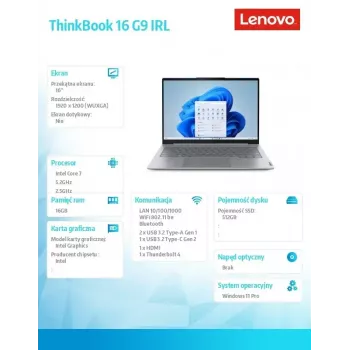 Lenovo ThinkBook 16 G9 IRL 21US007PPB Portátil 16 inch WUXGA IPS, Intel Core 7 240H, 16GB RAM, 512GB SSD, Intel Graphics, Windows 11 Pro