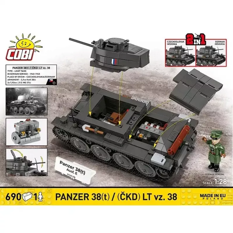 Conjunto de construção Cobi Blocks Panzer 38 VZ.38 690 elementos – kit de modelo à escala