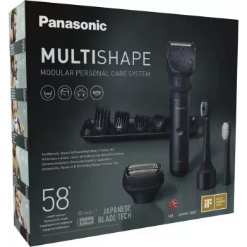 Aparador de viagem Panasonic X-Shape Travel — azul, bateria de iões de lítio, integrada, acessórios múltiplos (barba, corpo, cabelo, máquina de barbear, escova de dentes), 1–30 mm, 196×49×43 mm