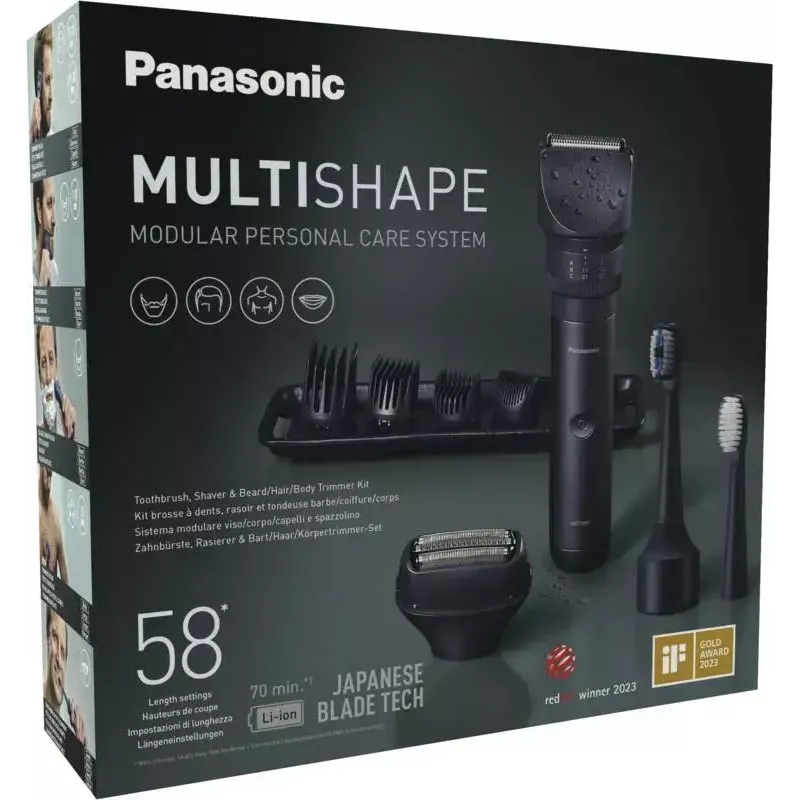 Aparador de viagem Panasonic X-Shape Travel — azul, bateria de iões de lítio, integrada, acessórios múltiplos (barba, corpo, cabelo, máquina de barbear, escova de dentes), 1–30 mm, 196×49×43 mm