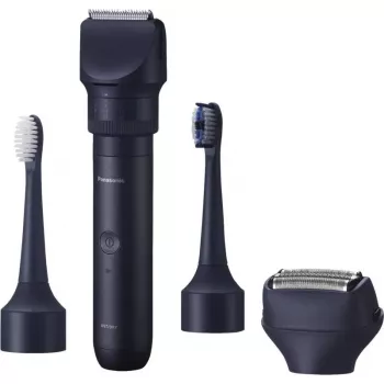 Aparador de viagem Panasonic X-Shape Travel — azul, bateria de iões de lítio, integrada, acessórios múltiplos (barba, corpo, cabelo, máquina de barbear, escova de dentes), 1–30 mm, 196×49×43 mm