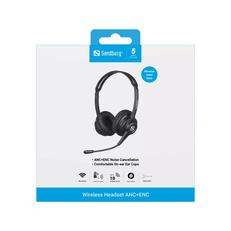 Headset sem fios Sandberg ANC+ENC, sem fios, música/dia a dia, 20–20000 Hz, 230 g, headset, preto