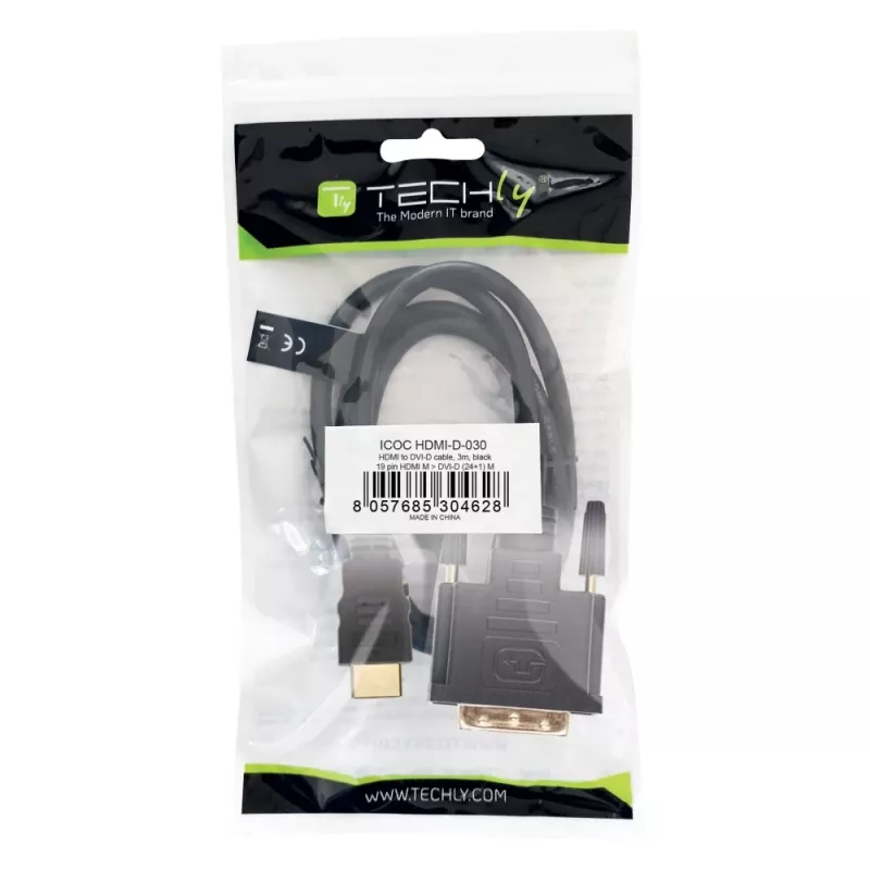 Cabo de vídeo Techly HDMI para DVI-D M/M 3m ICOC HDMI-D-030, 3 m, HDMI, DVI-D, ficha, ficha, dourado
