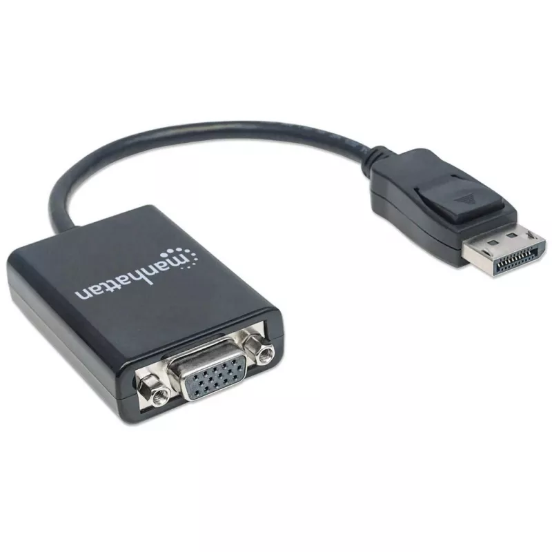 manhattan-cabo conversor displayport-para-vga-hd15-15cm-macho-para-fêmea-ativo-dp-com-bloqueio-preto-garantia-vitalícia-compatível-com-dp2vga2