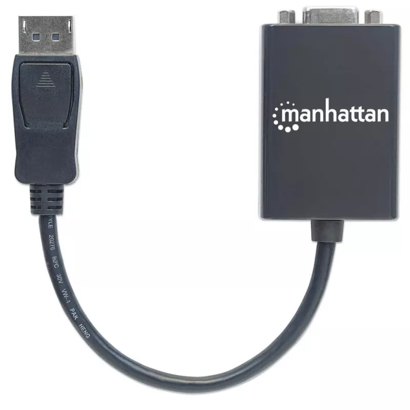 manhattan-cabo conversor displayport-para-vga-hd15-15cm-macho-para-fêmea-ativo-dp-com-bloqueio-preto-garantia-vitalícia-compatível-com-dp2vga2