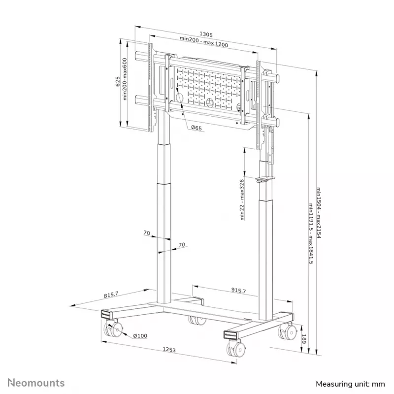 Suporte de TV Neomounts FL55-975BL1 motorizado para ecrãs de 75–115 polegadas, aço, preto, máx. 160 kg, altura 2154 mm