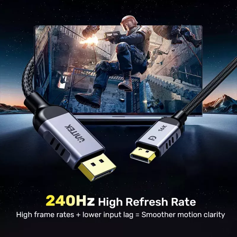 Cabo DisplayPort Unitek C1626GY01-3M 3 m, DisplayPort 2.1 macho-macho, 80 Gbit/s, HDR, HDCP 2.2, contactos dourados
