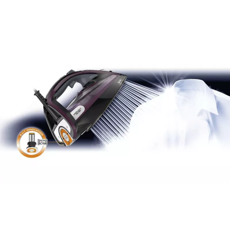 Ferro de engomar a vapor Tefal Ultimate Pure FV9835 — 3000 W, 55 g/min vapor contínuo, 240 g/min golpe de vapor, depósito de água 0,35 l, cabo 2,5 m, sistema de descalcificação