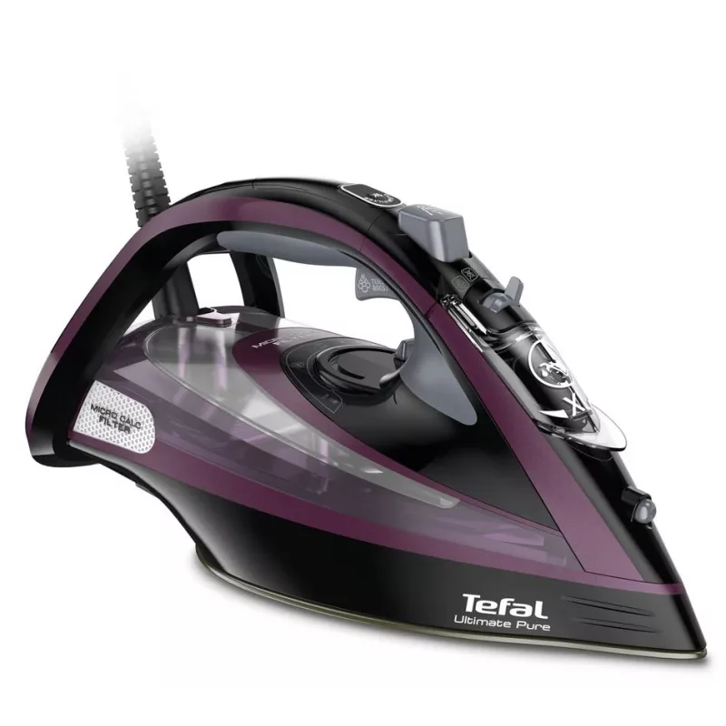 Ferro de engomar a vapor Tefal Ultimate Pure FV9835 — 3000 W, 55 g/min vapor contínuo, 240 g/min golpe de vapor, depósito de água 0,35 l, cabo 2,5 m, sistema de descalcificação