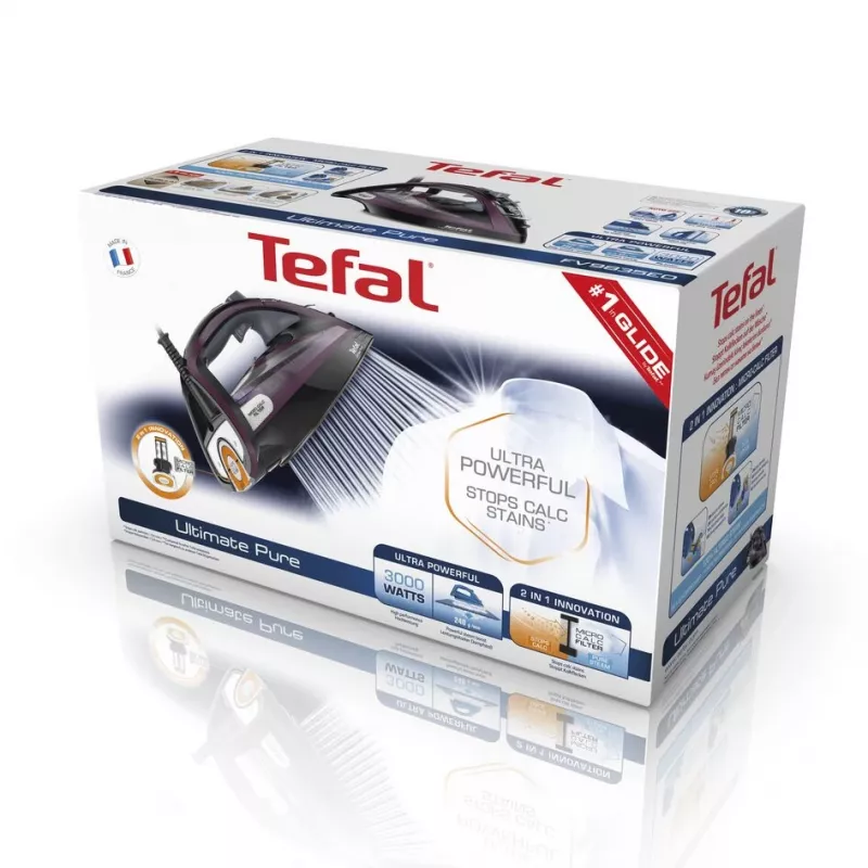 Ferro de engomar a vapor Tefal Ultimate Pure FV9835 — 3000 W, 55 g/min vapor contínuo, 240 g/min golpe de vapor, depósito de água 0,35 l, cabo 2,5 m, sistema de descalcificação