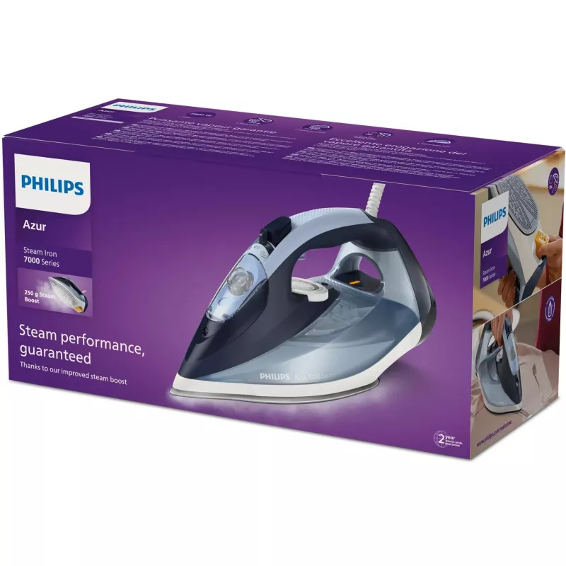 Ferro de engomar a vapor Philips DST7020/20 — 2800 W, base SteamGlide Plus, vapor contínuo 50 g/min, golpe de vapor 250 g/min, depósito de água 0,3 l, azul