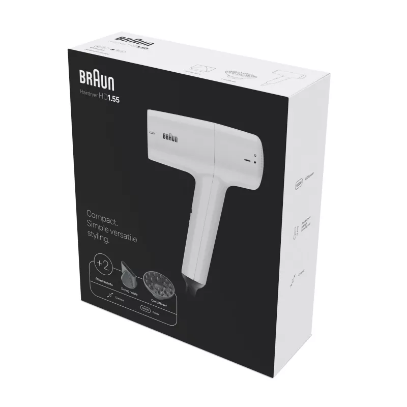 Secador de cabelo BRAUN HD1.55 — 1800 W, 2 níveis de calor, Cool shot, cabo de 1,8 m, branco