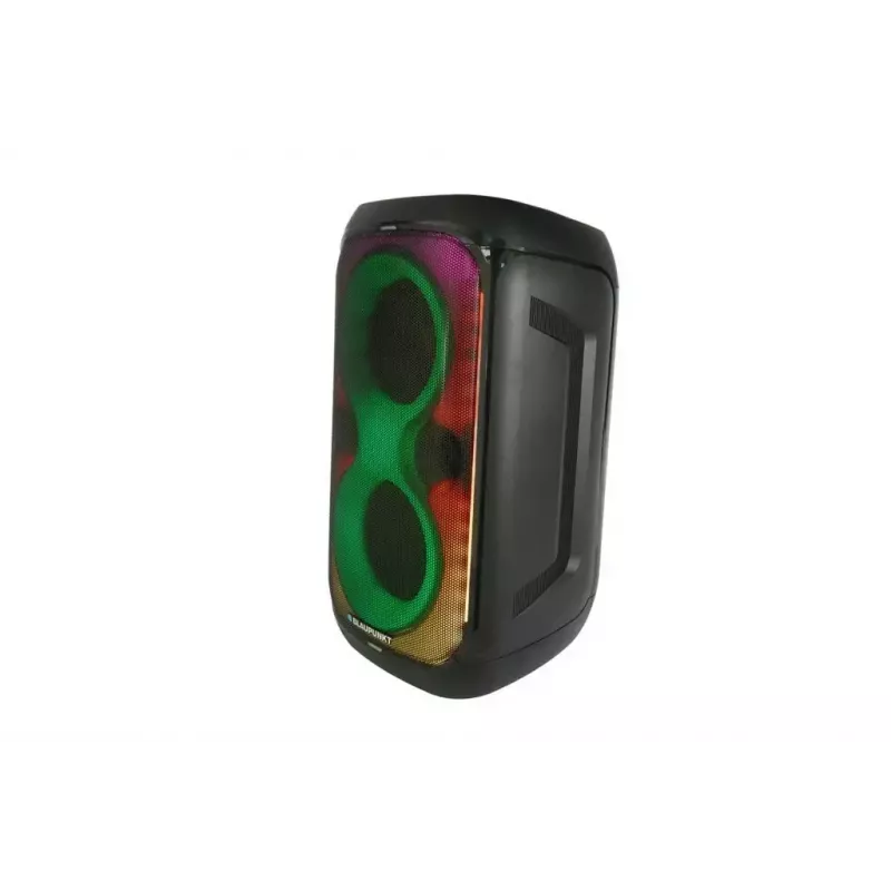 Sistema de altifalantes BLAUPUNKT PB60X — 120W RMS, Bluetooth A2DP, FM, ecrã LED, bateria de 7000mAh, 18h, AUX, comando, 568×322×321 mm