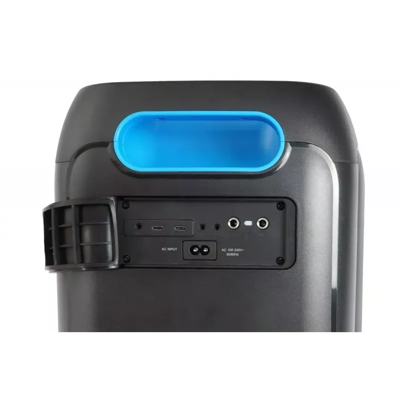 Sistema de altifalantes BLAUPUNKT PB60X — 120W RMS, Bluetooth A2DP, FM, ecrã LED, bateria de 7000mAh, 18h, AUX, comando, 568×322×321 mm