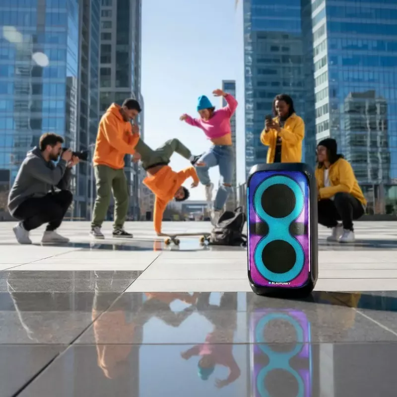 Sistema de altifalantes BLAUPUNKT PB60X — 120W RMS, Bluetooth A2DP, FM, ecrã LED, bateria de 7000mAh, 18h, AUX, comando, 568×322×321 mm