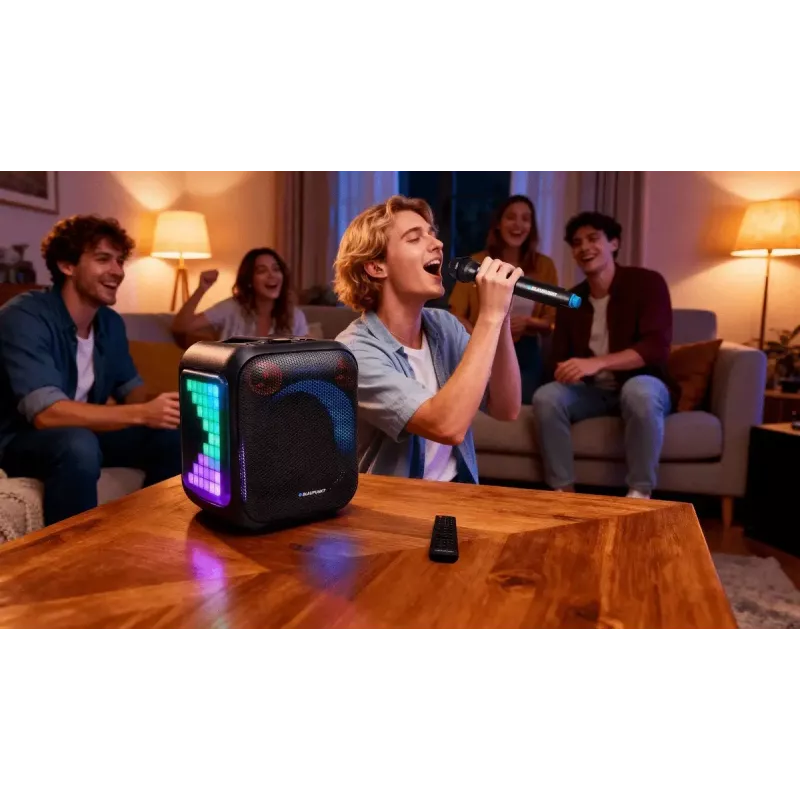 Sistema de altifalantes para interior/exterior BLAUPUNKT PB6LED — 40 W RMS, Bluetooth, FM, MicroSD, indicador LED, bateria de 4500 mAh