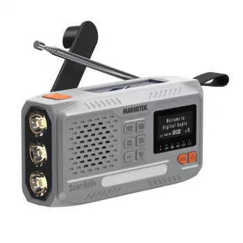 Rádio portátil de manivela Marmitek RESQ 100 — DAB/DAB+/FM, 3 W, LCD, USB‑C, jack de 3,5 mm, cinzento-claro