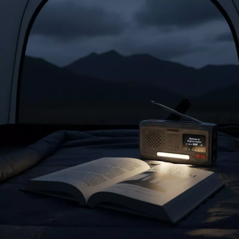 Rádio portátil de manivela Marmitek RESQ 100 — DAB/DAB+/FM, 3 W, LCD, USB‑C, jack de 3,5 mm, cinzento-claro