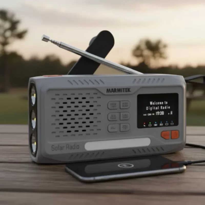 Rádio portátil de manivela Marmitek RESQ 100 — DAB/DAB+/FM, 3 W, LCD, USB‑C, jack de 3,5 mm, cinzento-claro
