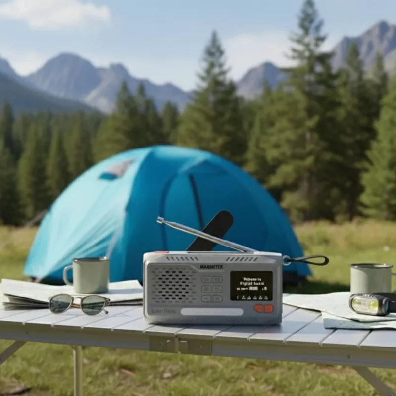 Rádio portátil de manivela Marmitek RESQ 100 — DAB/DAB+/FM, 3 W, LCD, USB‑C, jack de 3,5 mm, cinzento-claro