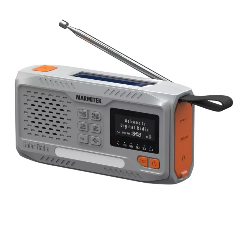 Rádio portátil de manivela Marmitek RESQ 100 — DAB/DAB+/FM, 3 W, LCD, USB‑C, jack de 3,5 mm, cinzento-claro