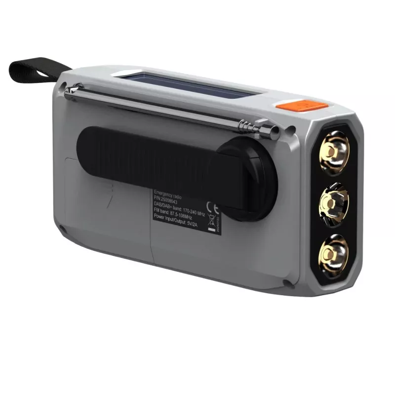 Rádio portátil de manivela Marmitek RESQ 100 — DAB/DAB+/FM, 3 W, LCD, USB‑C, jack de 3,5 mm, cinzento-claro