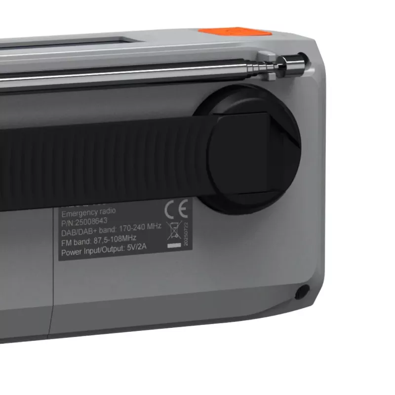 Rádio portátil de manivela Marmitek RESQ 100 — DAB/DAB+/FM, 3 W, LCD, USB‑C, jack de 3,5 mm, cinzento-claro