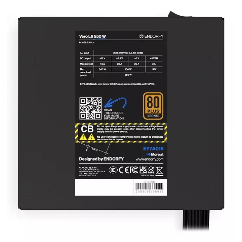 Fonte de alimentação ENDORFY Vero L6 550 W ATX 24-Pin 80 PLUS Bronze, ventoinha de 120 mm, preto