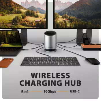 AXAGON HMC-WL9 Hub docking USB-C 9‑em‑1 com 10 Gbit/s, 100W PD, 8K HDMI, Ethernet, carregamento sem fios