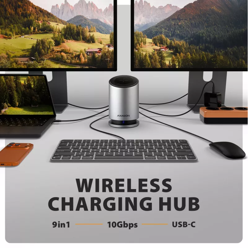 AXAGON HMC-WL9 Hub docking USB-C 9‑em‑1 com 10 Gbit/s, 100W PD, 8K HDMI, Ethernet, carregamento sem fios