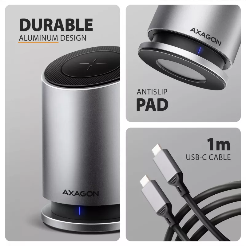 AXAGON HMC-WL9 Hub docking USB-C 9‑em‑1 com 10 Gbit/s, 100W PD, 8K HDMI, Ethernet, carregamento sem fios