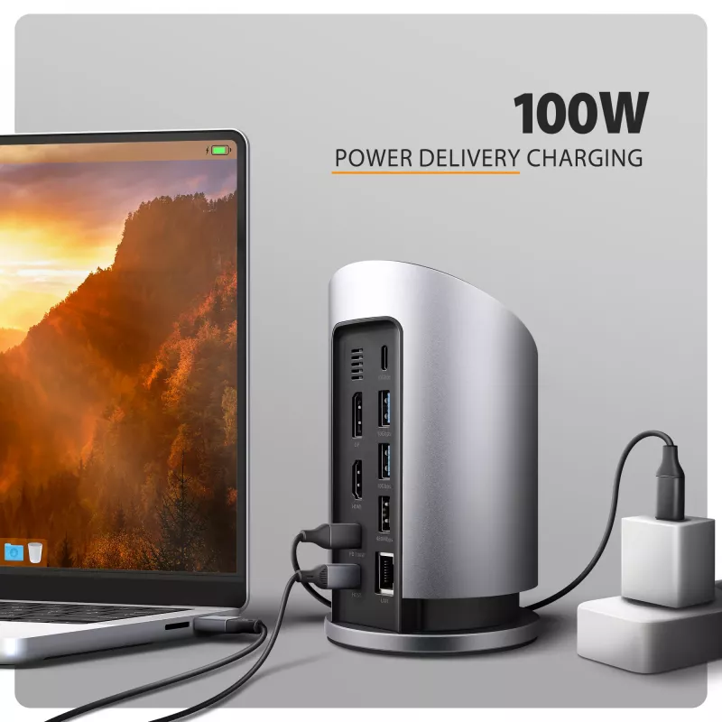 AXAGON HMC-WL9 Hub docking USB-C 9‑em‑1 com 10 Gbit/s, 100W PD, 8K HDMI, Ethernet, carregamento sem fios