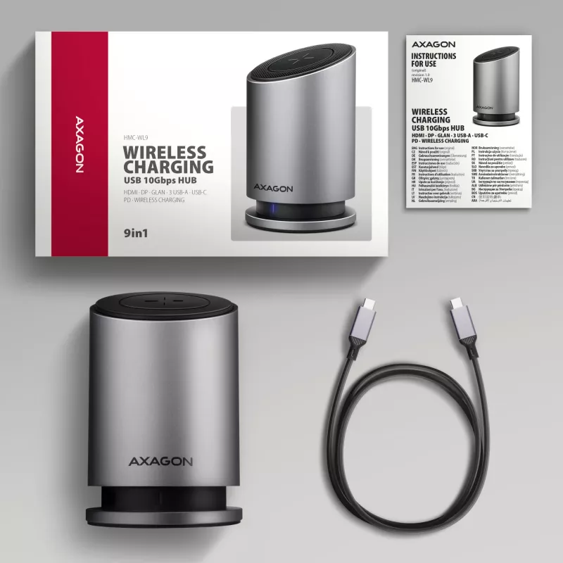 AXAGON HMC-WL9 Hub docking USB-C 9‑em‑1 com 10 Gbit/s, 100W PD, 8K HDMI, Ethernet, carregamento sem fios