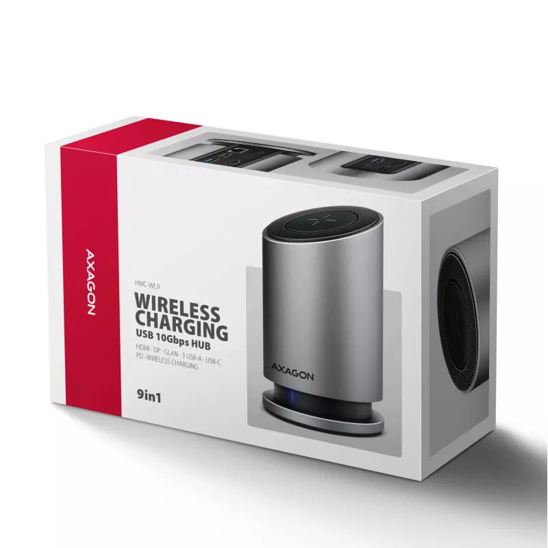 AXAGON HMC-WL9 Hub docking USB-C 9‑em‑1 com 10 Gbit/s, 100W PD, 8K HDMI, Ethernet, carregamento sem fios