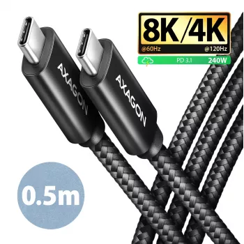 Cabo USB-C para USB-C AXAGON BUCM4X-CM05AB — USB4 Gen 3x2, 40 Gbit/s, 240 W, 0,5 m, preto