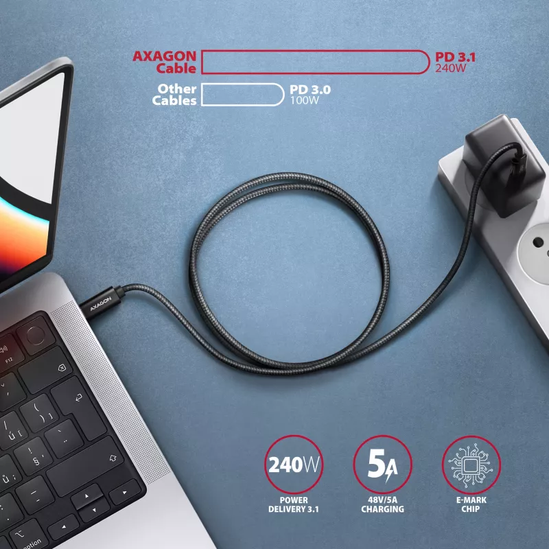 Cabo USB-C para USB-C AXAGON BUCM4X-CM05AB — USB4 Gen 3x2, 40 Gbit/s, 240 W, 0,5 m, preto