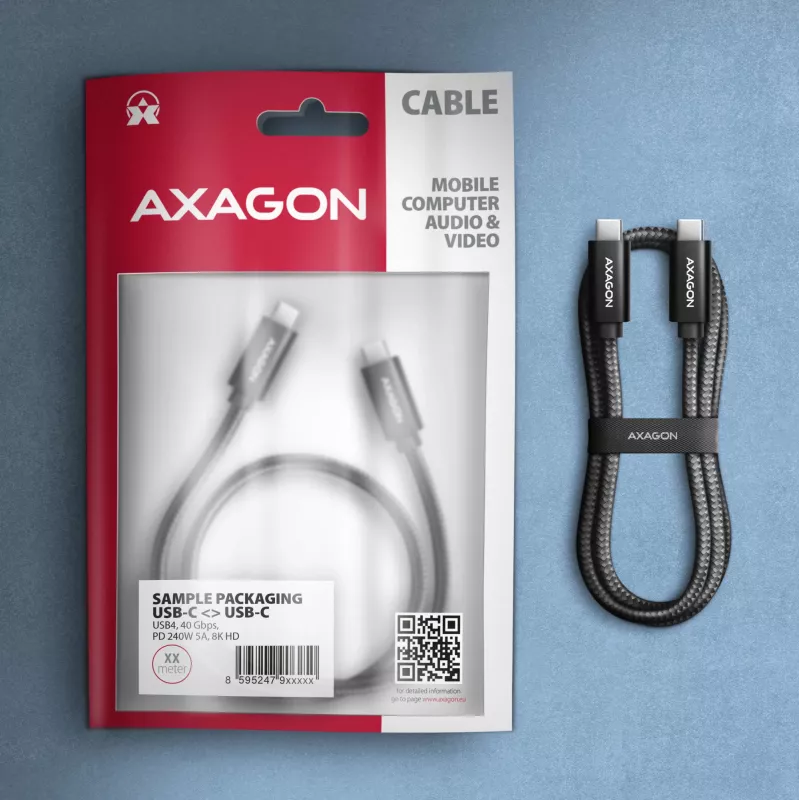 Cabo USB-C para USB-C AXAGON BUCM4X-CM05AB — USB4 Gen 3x2, 40 Gbit/s, 240 W, 0,5 m, preto