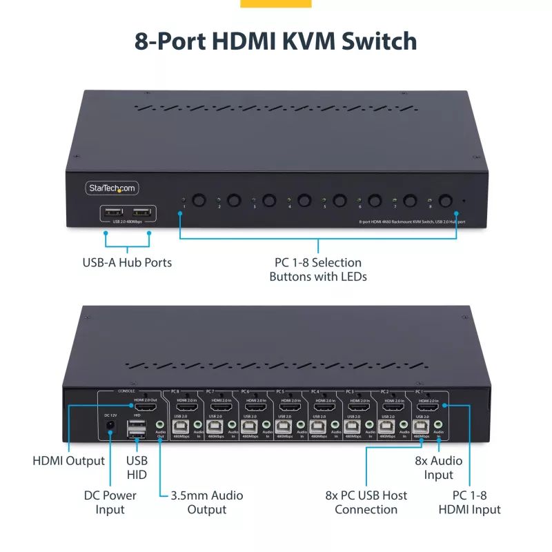 StarTech.com Comutador KVM HDMI de 8 portas com kit de montagem em rack 1U, 4K 60Hz HDMI 2.0, comutação por botão e tecla de atalho, hub USB de 4 portas, independente do sistema operativo, compatível com TAA