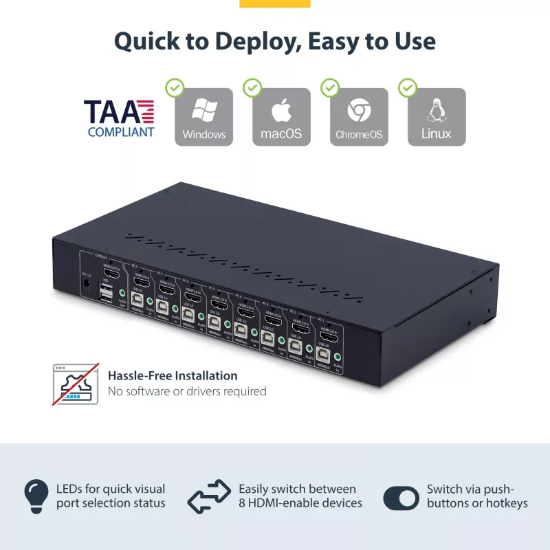 StarTech.com Comutador KVM HDMI de 8 portas com kit de montagem em rack 1U, 4K 60Hz HDMI 2.0, comutação por botão e tecla de atalho, hub USB de 4 portas, independente do sistema operativo, compatível com TAA