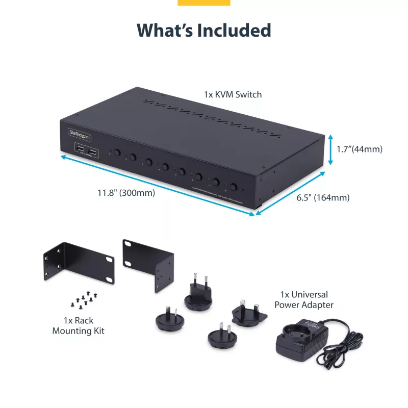 StarTech.com Comutador KVM HDMI de 8 portas com kit de montagem em rack 1U, 4K 60Hz HDMI 2.0, comutação por botão e tecla de atalho, hub USB de 4 portas, independente do sistema operativo, compatível com TAA