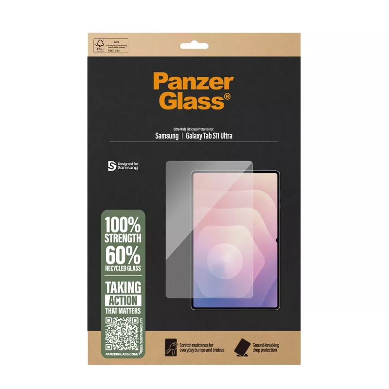 Protetor de ecrã PanzerGlass para Samsung Galaxy Tab S11 Ultra — Vidro temperado, Ultra-Wide Fit, transparente, aplicação a seco
