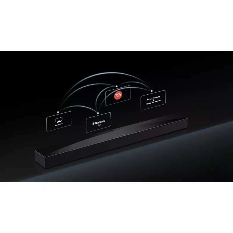 Barra de som TCL Q75H 620W 5.1.2 canais com subwoofer ativo sem fios, HDMI 2.1, Bluetooth 5.3, Wi-Fi 5, 1040×110×58 mm