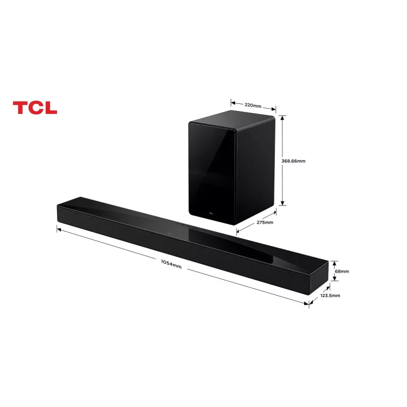 Barra de som TCL Q75H 620W 5.1.2 canais com subwoofer ativo sem fios, HDMI 2.1, Bluetooth 5.3, Wi-Fi 5, 1040×110×58 mm