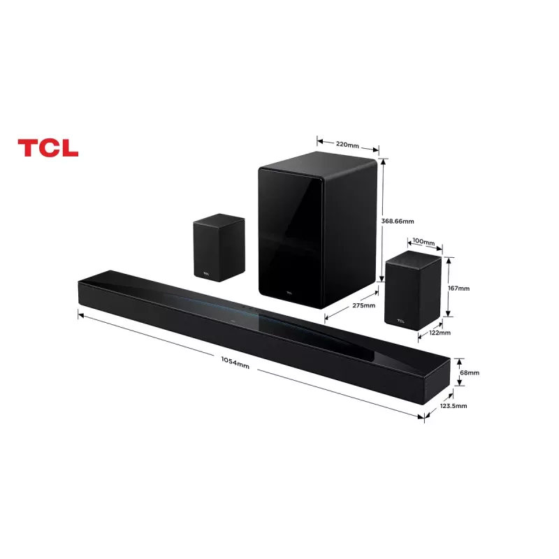 Barra de som TCL Q Q85H Class 7.1.4 canais com Dolby Atmos, subwoofer sem fios e colunas surround sem fios