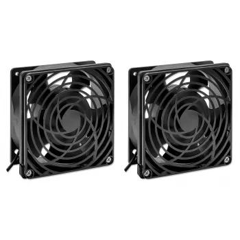 Unidade de ventilação de 2 ventoinhas Intellinet para caixa de parede de 19 polegadas, montagem no teto, cabo de alimentação de 1,8 m com ficha EU CEE 7/7, formato 120 x 120 mm, conjunto de ligação à terra incluído, preto