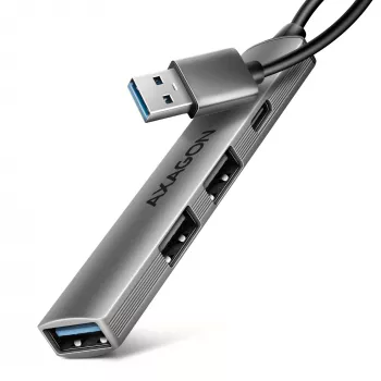 Hub USB AXAGON HUE-STA — barra de alumínio de 4 portas, 1× USB-A 5 Gbit/s + 2× USB-A e 1× USB-C 480 Mbit/s, host USB-A, cinzento
