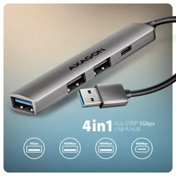 Hub USB AXAGON HUE-STA — barra de alumínio de 4 portas, 1× USB-A 5 Gbit/s + 2× USB-A e 1× USB-C 480 Mbit/s, host USB-A, cinzento